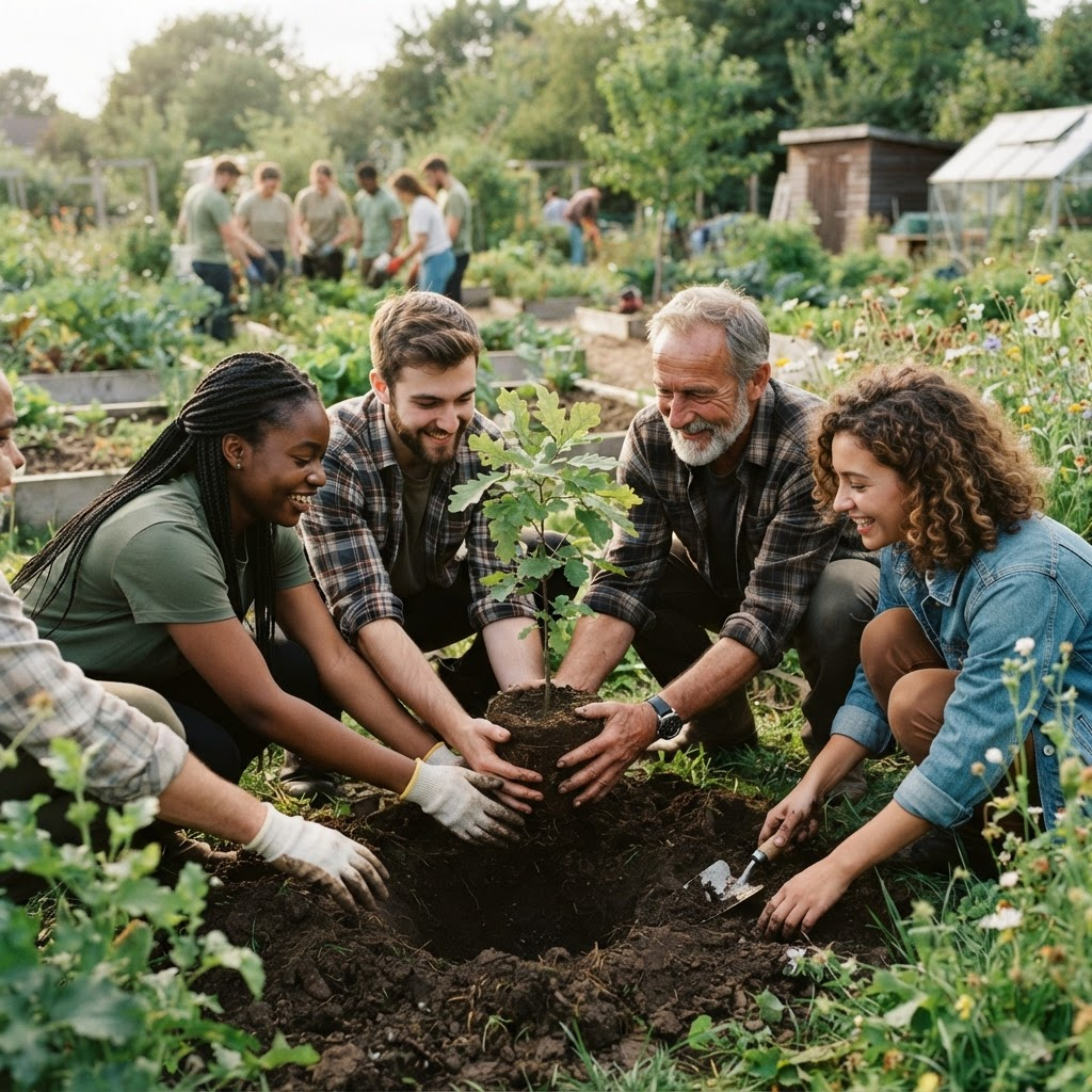 Community members planting a young tree together